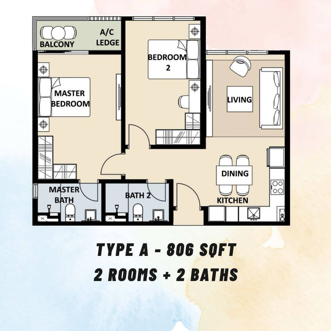 Type A 806sqft 2R2B